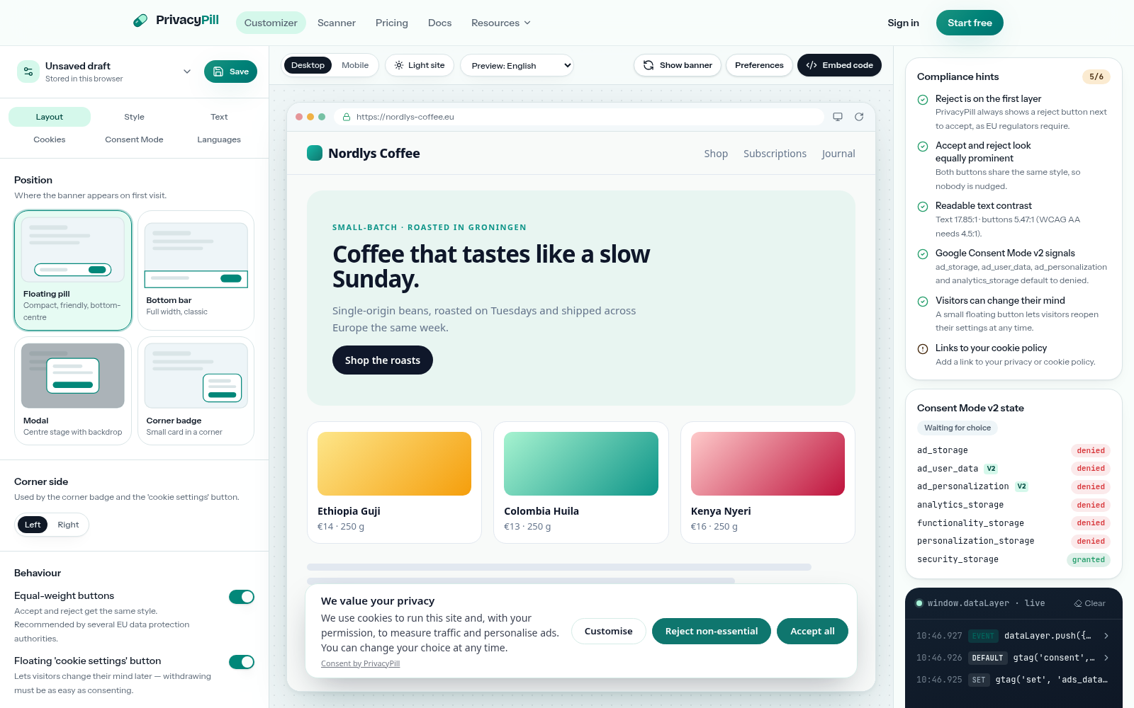 PrivacyPill banner customizer with live preview and Consent Mode v2 state