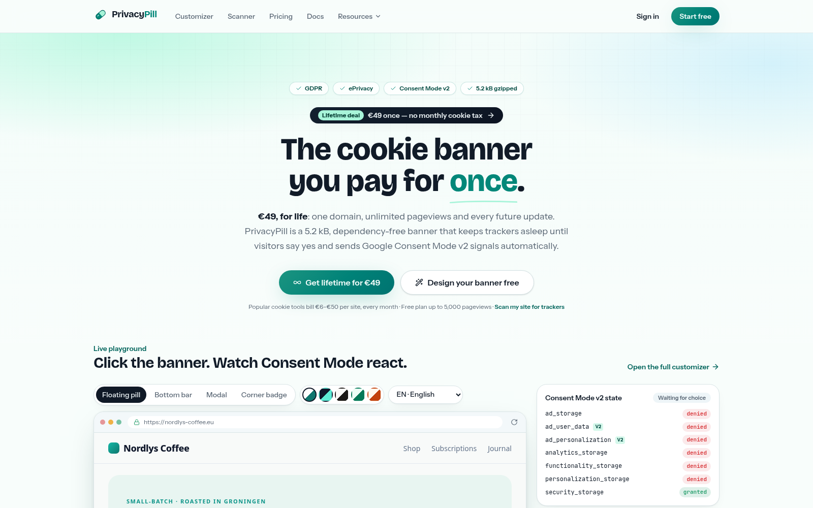 PrivacyPill home page with the €49 lifetime offer and live consent playground