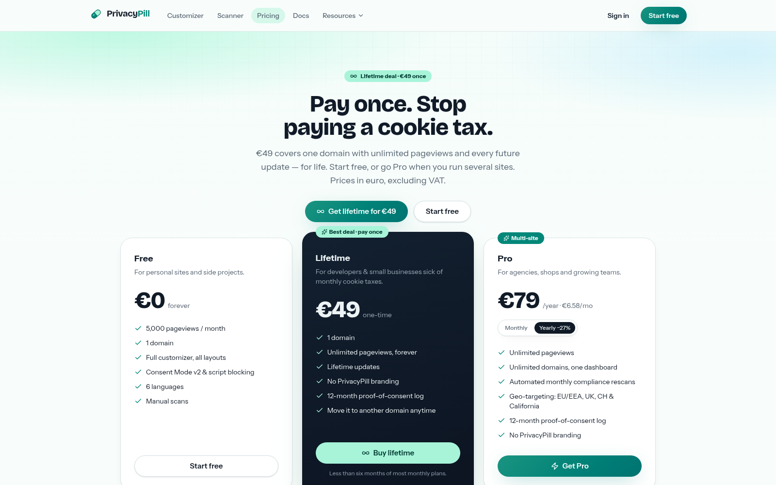 PrivacyPill pricing: Free, €49 Lifetime and €9/month Pro plans